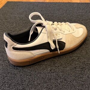 Puma Men's White and Navy Palermo Sneakers with Tan Accents, Leather
